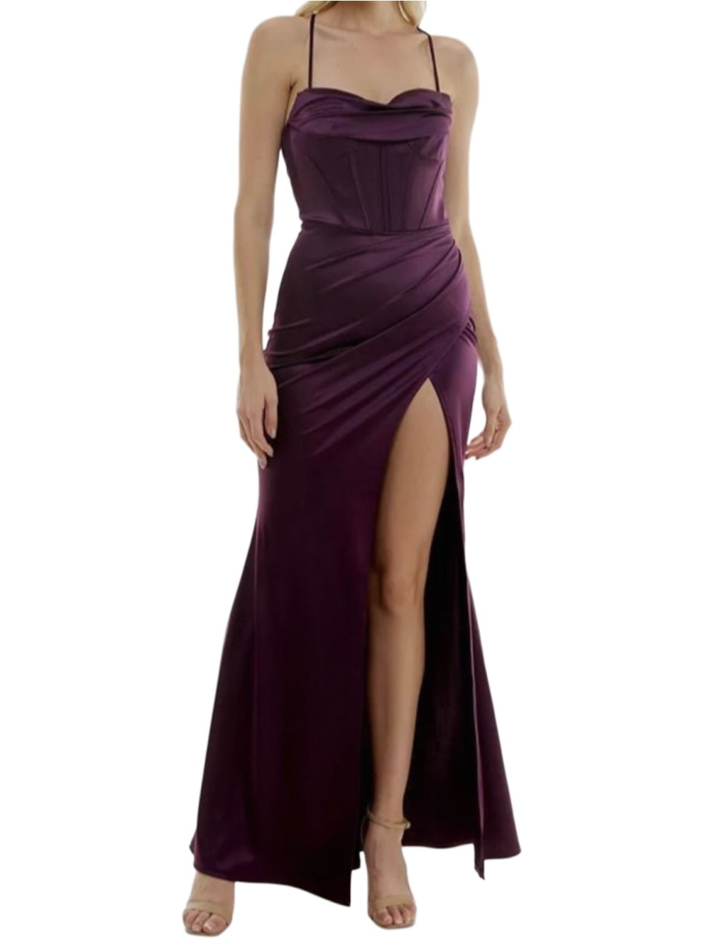 Speechless Purple Satin Lace-Up Back High Slit Long Gown Dress Size XS